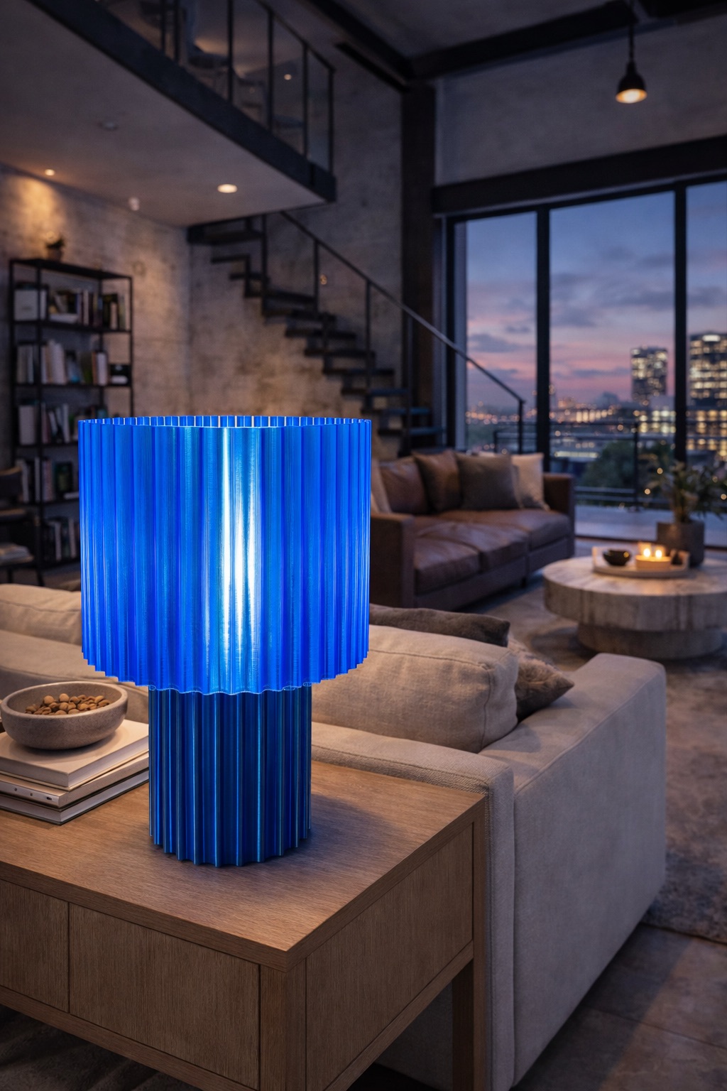 Lampe Atelier finition Bleu translucide, structure cannelée à deux étages