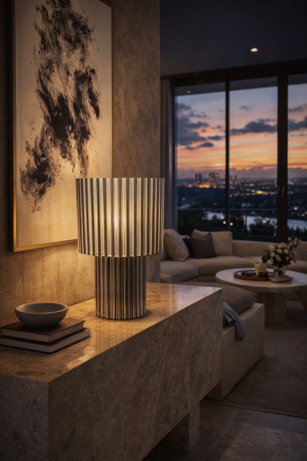 Lampe Atelier finition Gris acier, structure cannelée à deux étages